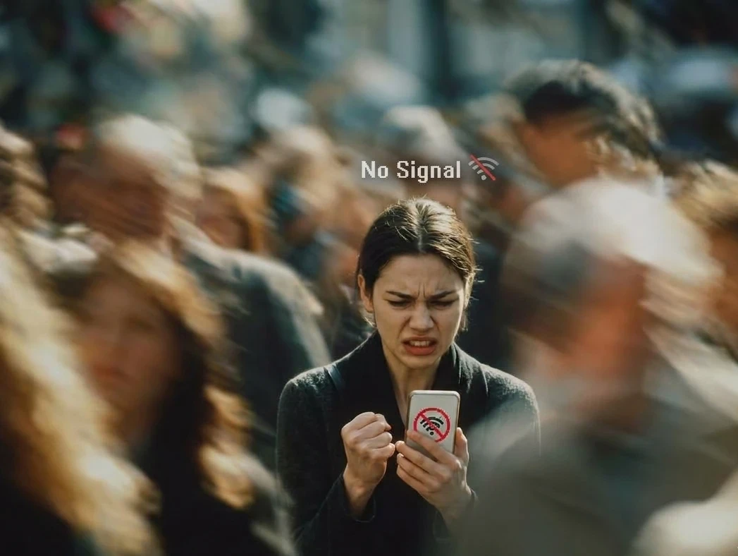 A traveller with no signal in a moving crowd